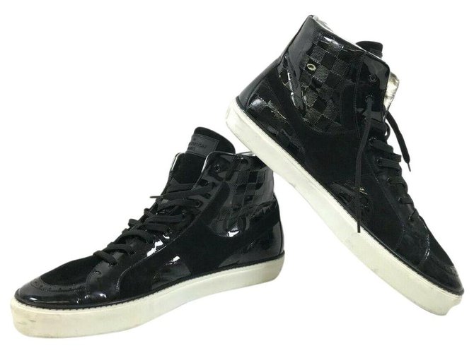 Louis Vuitton men's 6.5 USA Black Damier Patent High-Top Magnificent Sneaker Leather  ref.298340