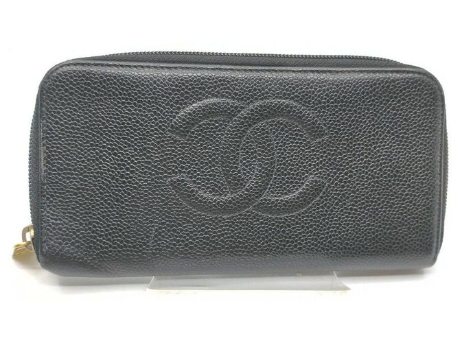Chanel Carteira Zippy L-Gusset com logotipo preto Caviar Couro CC  ref.298389