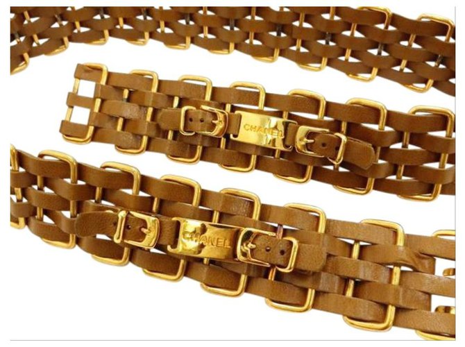 Chanel Ultra raro marrón x dorado 5 Cinturón de cadena entrelazada de capa Oro blanco  ref.298459