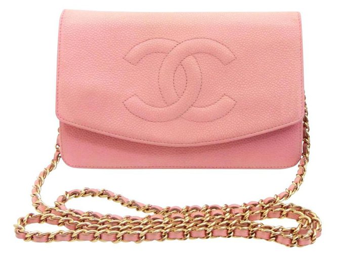 Wallet On Chain Chanel Bolso bandolera rosa con logo CC de caviar y cadena con solapa  ref.298465