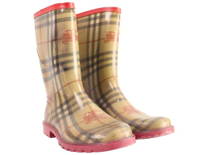 Burberry Bege x Vermelho Feminino 38 Nova Check Rainboots  ref.298468