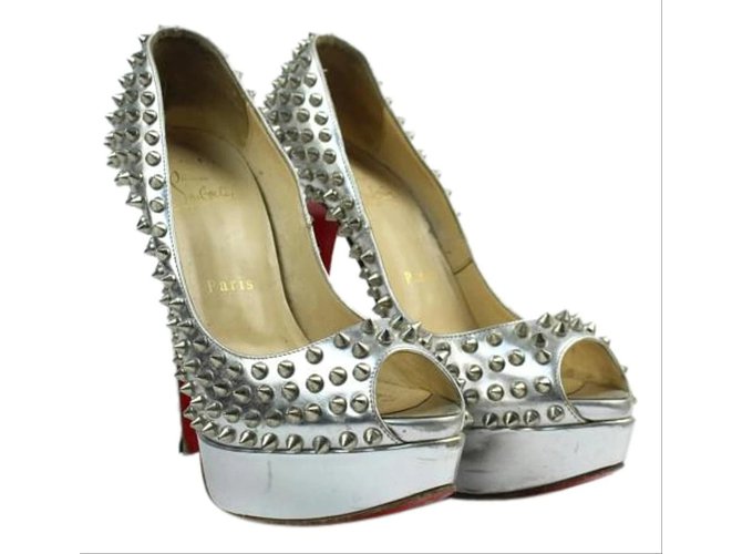 Christian Louboutin sz 38.5 Silver Spike Lady Peep Platform Heels Leather  ref.298697