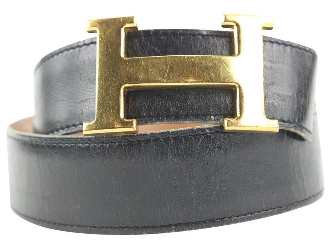 Hermès 32mm Kit ceinture réversible avec logo H Noir x Or x Marron Cuir Or blanc  ref.298729