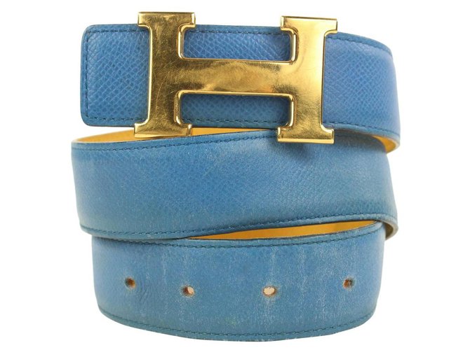 Hermès 32mm Kit de cinturón reversible con logo H azul x amarillo x dorado Cuero Oro blanco  ref.298834