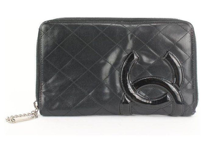 Chanel Grand portefeuille noir matelassé avec fermeture éclair Cambon Ligne Cuir  ref.298866