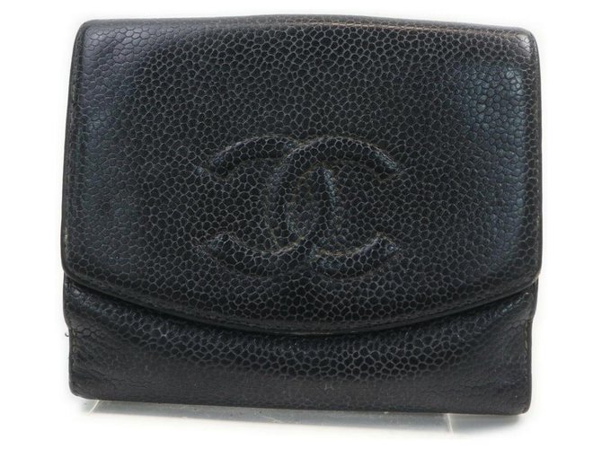 Chanel Schwarzes Kaviar Leder CC Logo Münzgeldbörse Compact Wallet  ref.298936