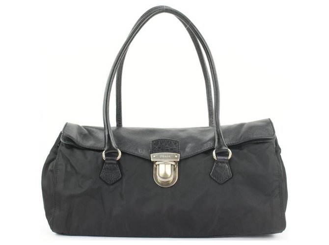 Prada Black Tessuto Nylon and Leather East West Boston Bag  -  Joli Closet