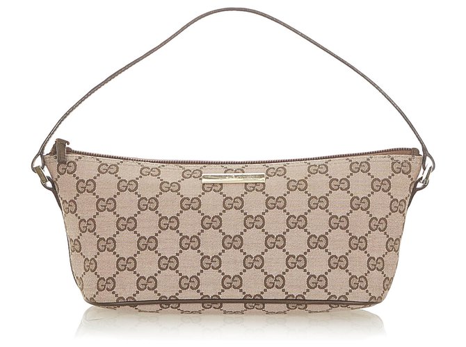 Gucci Brown GG Canvas Boat Baguette Beige Leather Cloth Pony-style calfskin Cloth  ref.299252