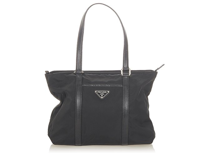 Black Prada Saffiano Trimmed Tessuto Satchel