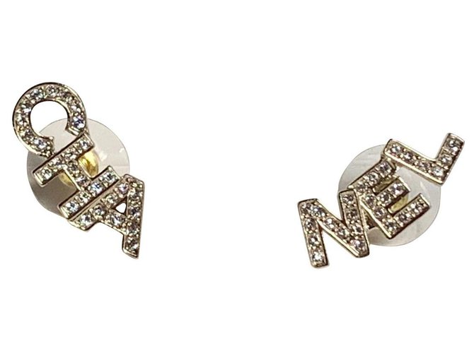 Light Gold Metal, Strass CC Letter Logo Earrings, 2021