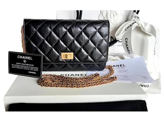 Wallet On Chain Chanel Monedero en Cadena 2.55 Negro Cuero  ref.299613