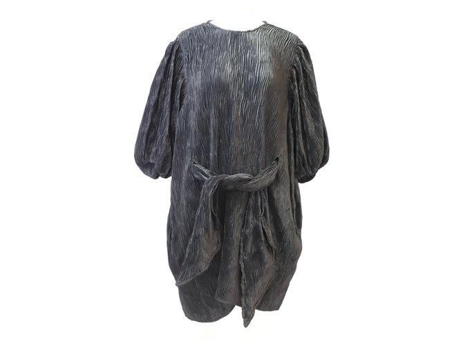 Ganni Robe plissée en satin avec ceinture Polyester Noir  ref.300216