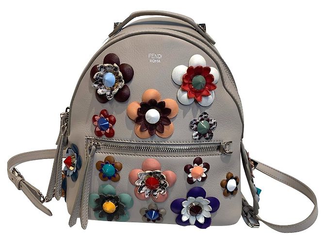 Fendi Small Backpack Grey Leather Flowers