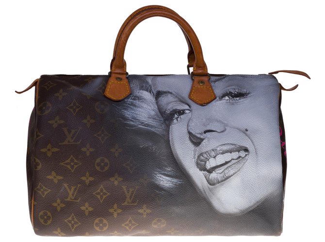 Excelente bolsa Louis Vuitton Speedy 35 em tela de monograma personalizada "Marilyn Monroe" do artista PatBo Marrom Couro Lona  ref.300418