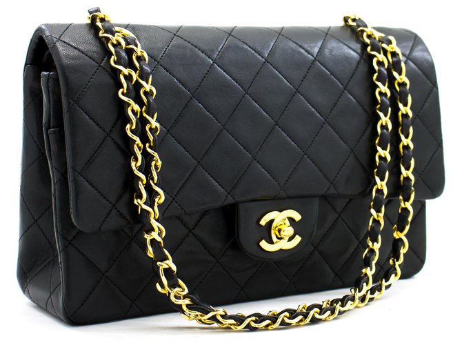 Chanel 2.55 Bolso de hombro mediano con cadena y solapa forrada Piel de cordero negra Negro Cuero  ref.300838