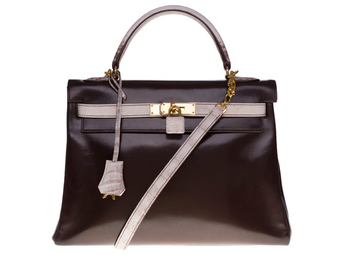 Hermès Eccezionale borsa Hermes Kelly 32 restituito in cuoio marrone personalizzato con coccodrillo "himalayano" Pelle Pelli esotiche  ref.301368