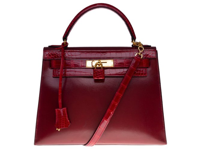 Hermès Eccezionale borsa Hermes Kelly 32 tracolla in pelle box Red H personalizzata con coccodrillo rosso Pelli esotiche  ref.301369