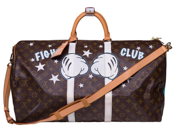 Beautiful Louis Vuitton Keepall Travel Bag 55 "Fight Club" custom monogram canvas shoulder strap Brown Leather Cloth  ref.301370
