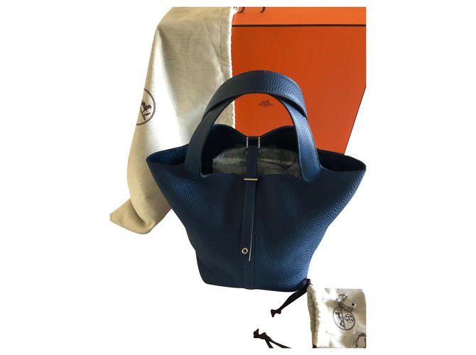 Hermès Picotin Lock 22 novo + organizar bolsa Azul Couro  ref.301758