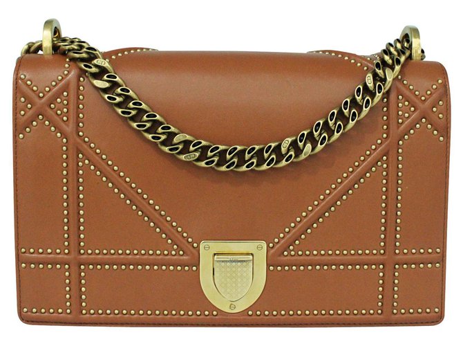 Brown Diorama Bag with Golden Studs Leather  ref.302225