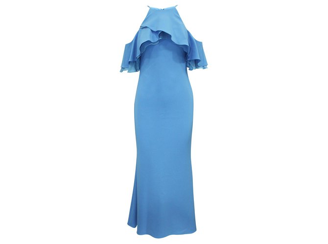 Badgley Mischka Baby Blue langes Abendkleid mit Rüschen Blau Polyester  ref.302263