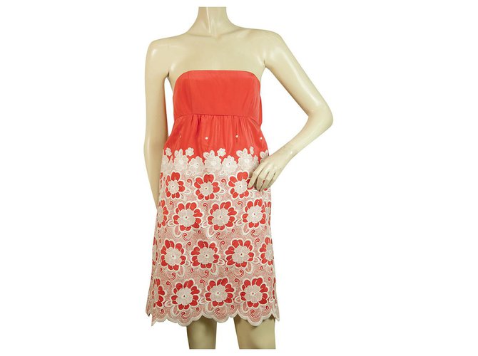 Tibi 100% Silk Red & White Floral trägerloses Minikleid Größe 2 Rot Seide  ref.302490