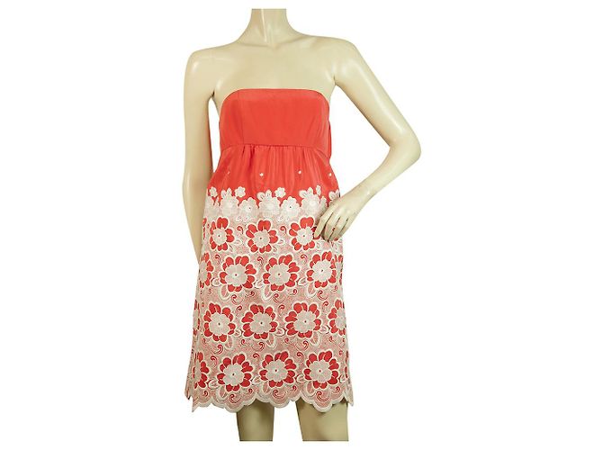 Tibi 100% Silk Red & White Floral trägerloses Minikleid Größe 2 Rot