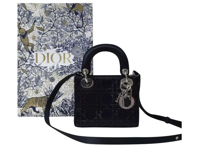 Christian Dior Lady Dior Mini Bag Black Cannage Satin Rhinestones  ref.302542