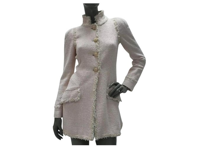 Chanel Pink 13C Crociera 2013 Cappotto giacca stile militare bouclé con frange Rosa Tweed  ref.302546