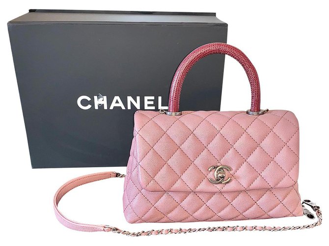 CHANEL Caviar Matelassé lézard Top Coco Handle Flap Pink Edition Limitée Cuir Cuirs exotiques Rose  ref.302627