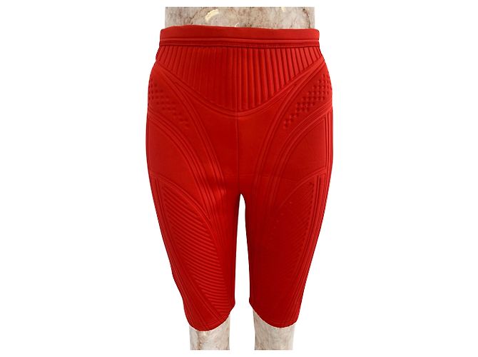 Thierry Mugler Mugler Ribbed Compression Cycling Shorts in Red Polyester