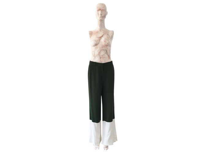 Céline Pantalones anchos verdes y blancos Poliéster  ref.302890