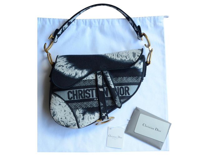 Christian Dior Bolsa Dior Saddle Medium Tie Dye Branco Azul escuro Gold hardware Lona  ref.302988