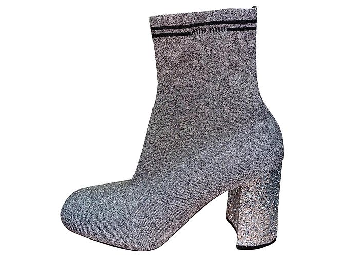 Miu Miu silver glitter leather sock boots Silvery