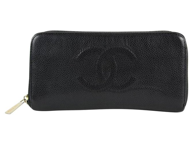 CHANEL CC Logo Caviar Leather Zipper Wallet Black