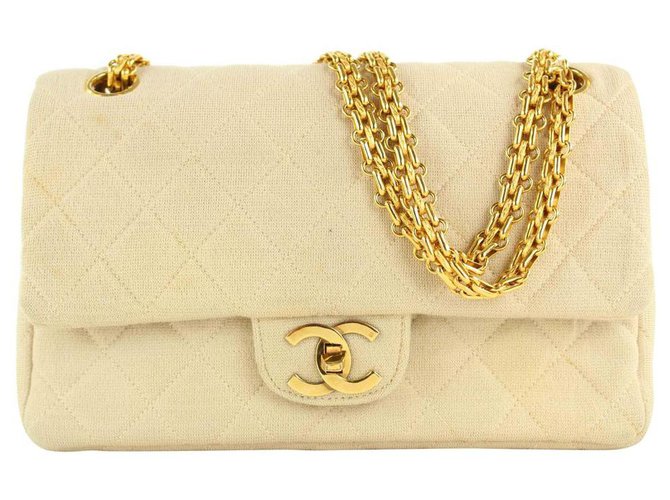 Chanel Beige Cream Jersey Quilted Small lined Flap Gold Chain Bag White gold  ref.303346 - Joli Closet