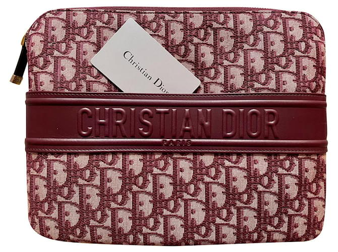 Dior pouch in jacquard canvas and leather Beige Dark red Cloth  ref.299445