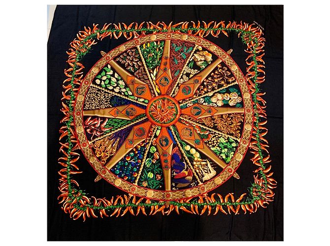 Modelo de xale Hermès na terra das especiarias Preto Multicor