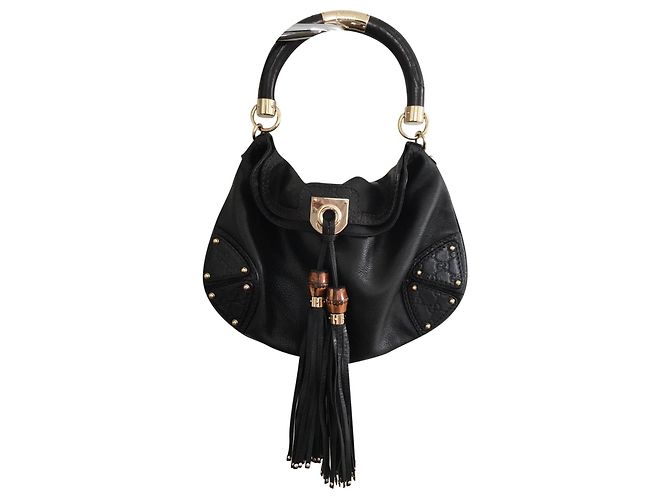 Gucci Indy Große Schwarze Leder Handtasche Golden