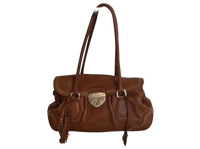 Prada Leather Shoulder Bag Cognac Silver Hardware