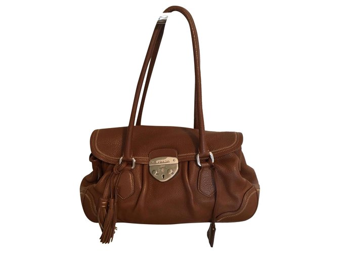 Prada Sacs à main Cuir Cognac Bijouterie argentée  ref.303556