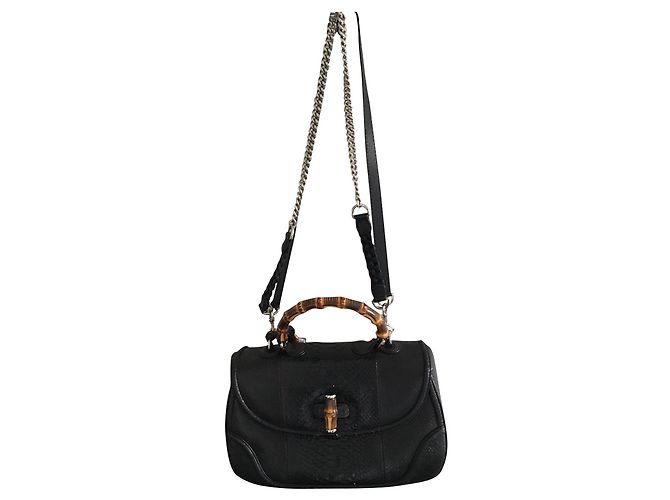 Gucci Bamboo Python Leather Handbag Black Silver hardware