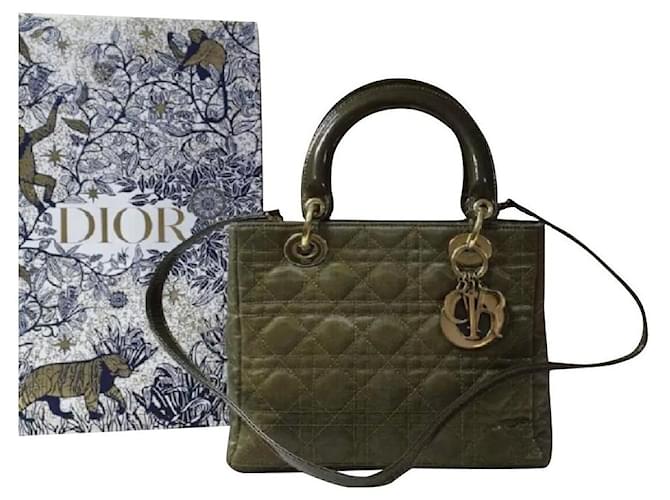 Christian Dior Lady Dior bolso mediano de lona caqui Cuero  ref.303998