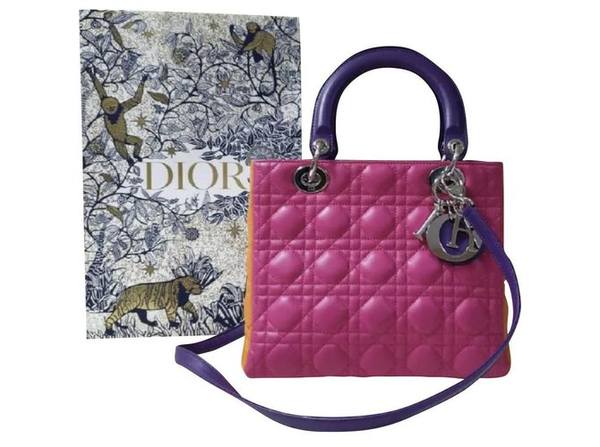 Christian Dior Lady Dior Medium Cannage Lambskin Tricolor Multicor Couro  ref.304000