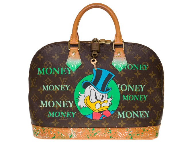 Esplêndida bolsa Louis Vuitton Alma em tela monograma e couro natural personalizada "Picsou ama o dinheiro" Marrom Lona  ref.304262
