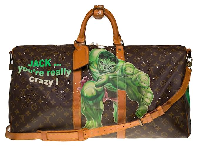 Hermosa bolsa de viaje Louis Vuitton Keepall 55 bandolera en lona Monogram y piel natural personalizada "Hulk Vs Shining" por el artista PatBo Castaño Lienzo  ref.304263