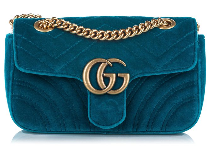 Bolso bandolera de terciopelo azul Gucci Mini GG Marmont Matelasse Metal Paño  ref.304270