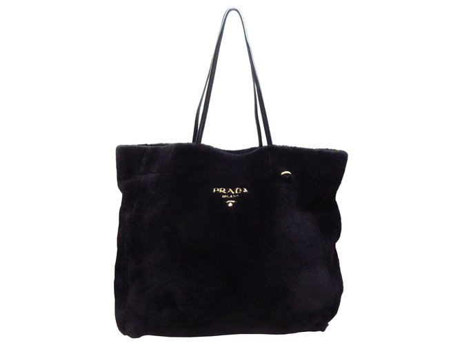 Tote Sac cabas Prada en peau de mouton noir Cuir Fourrure Veau