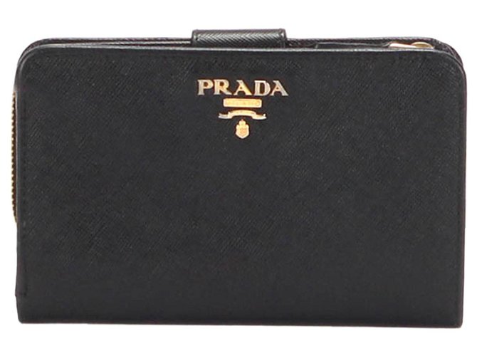 Prada Saffiano Leather Zip Around Mini Wallet in Black