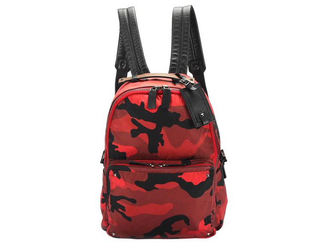 Valentino Red Camouflage Nylon Backpack Black Leather Pony-style